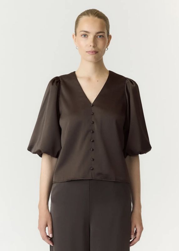 YAS Pella 2/4 V-Neck Topp Chocolate Brown 
