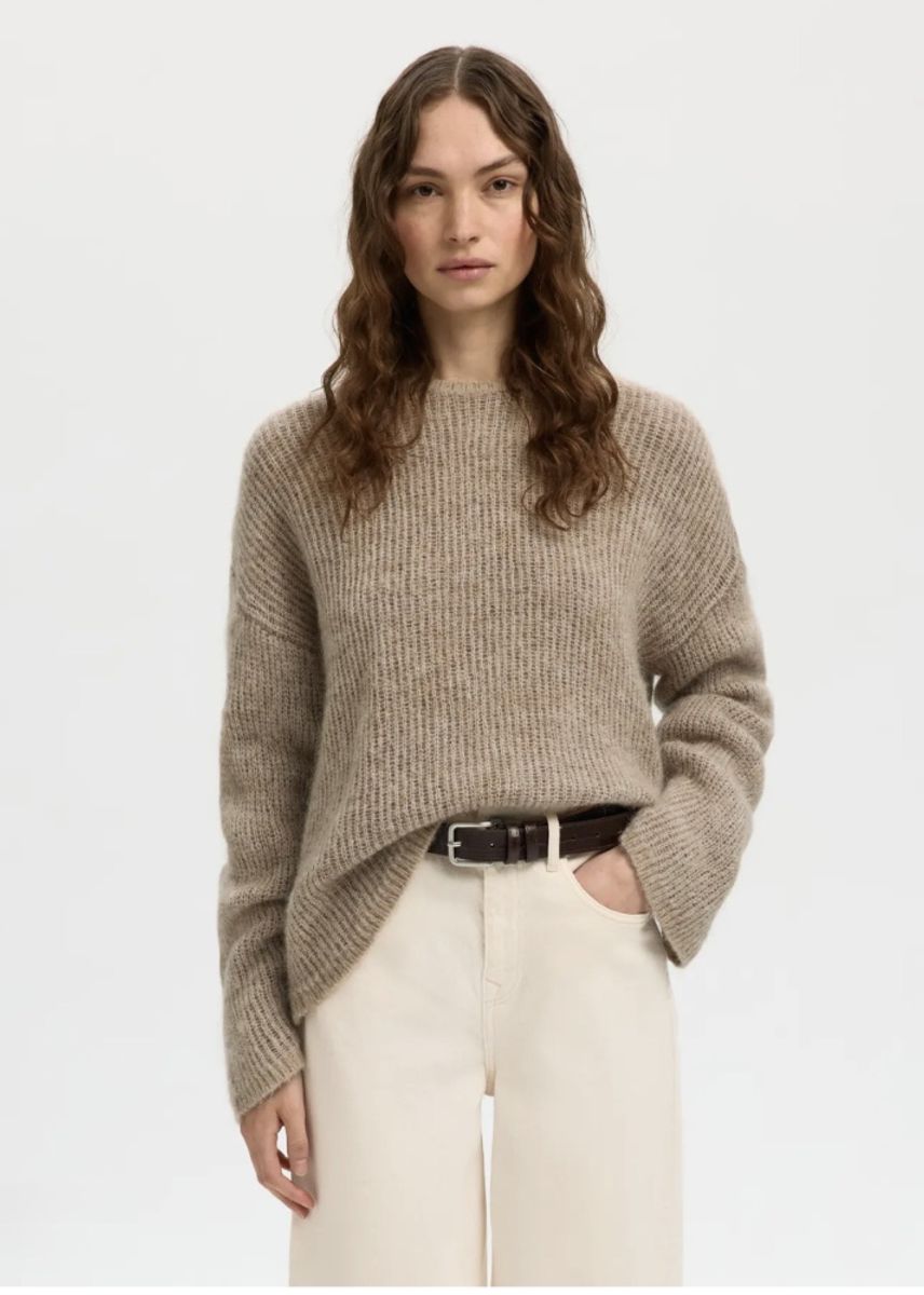Selected Femme LULU LOOSE LS KNIT O-NECK Cashmere Chocolate Chips