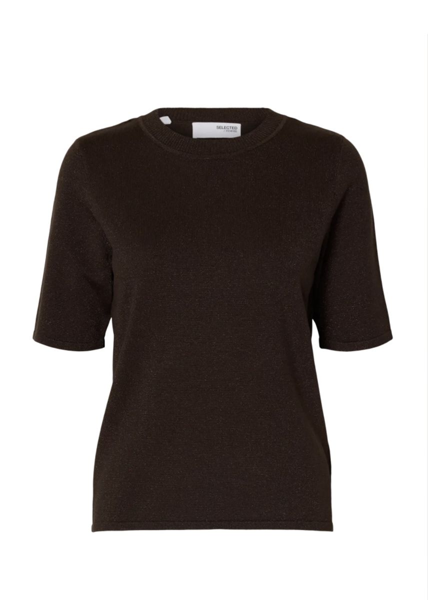 Selected Femme LURA 2/4 Knit O-neck Topp Brun  Delicioso_TONAL LUREX