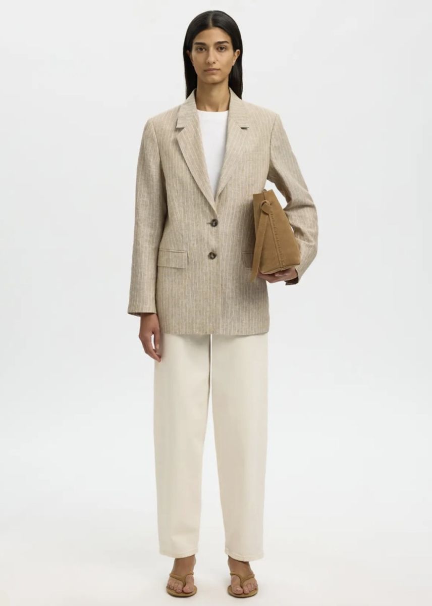 Selected Femme Relaxed Ida Linen Blazer Pinstripe Weathered Teak