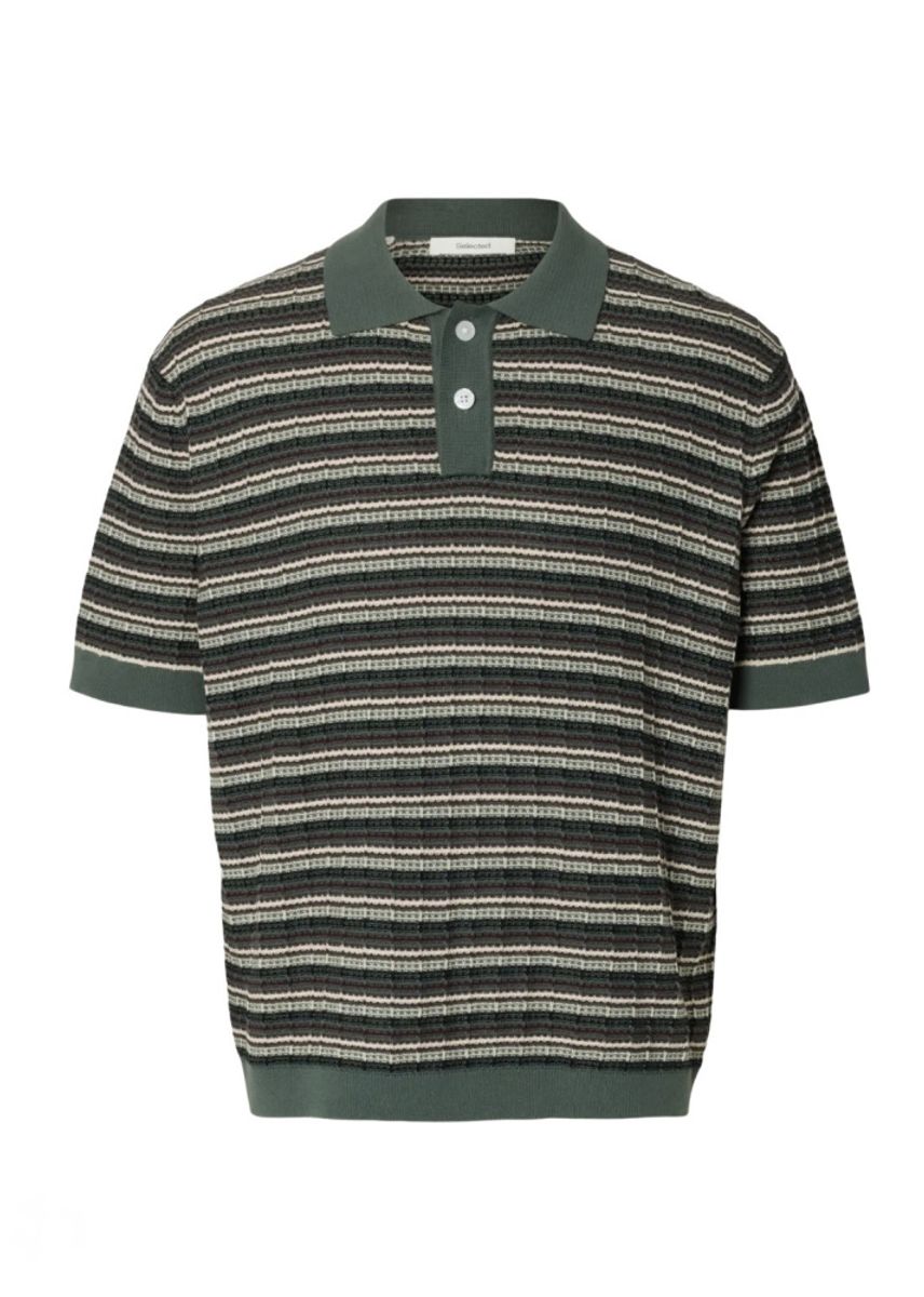 Selected Homme Dane  Knit Structure Polo Balsam Green Stripe