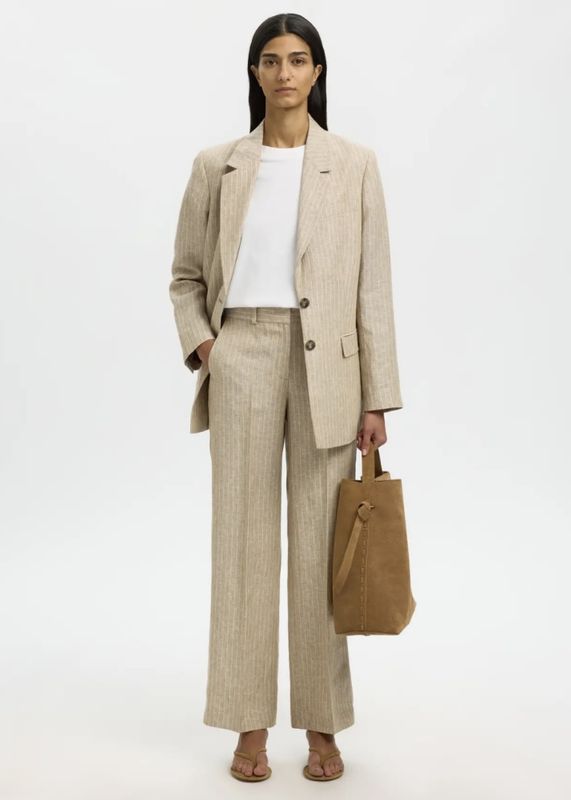 Selected Femme  Wide Ida Linen Pant Weathered Teak Pinstripe