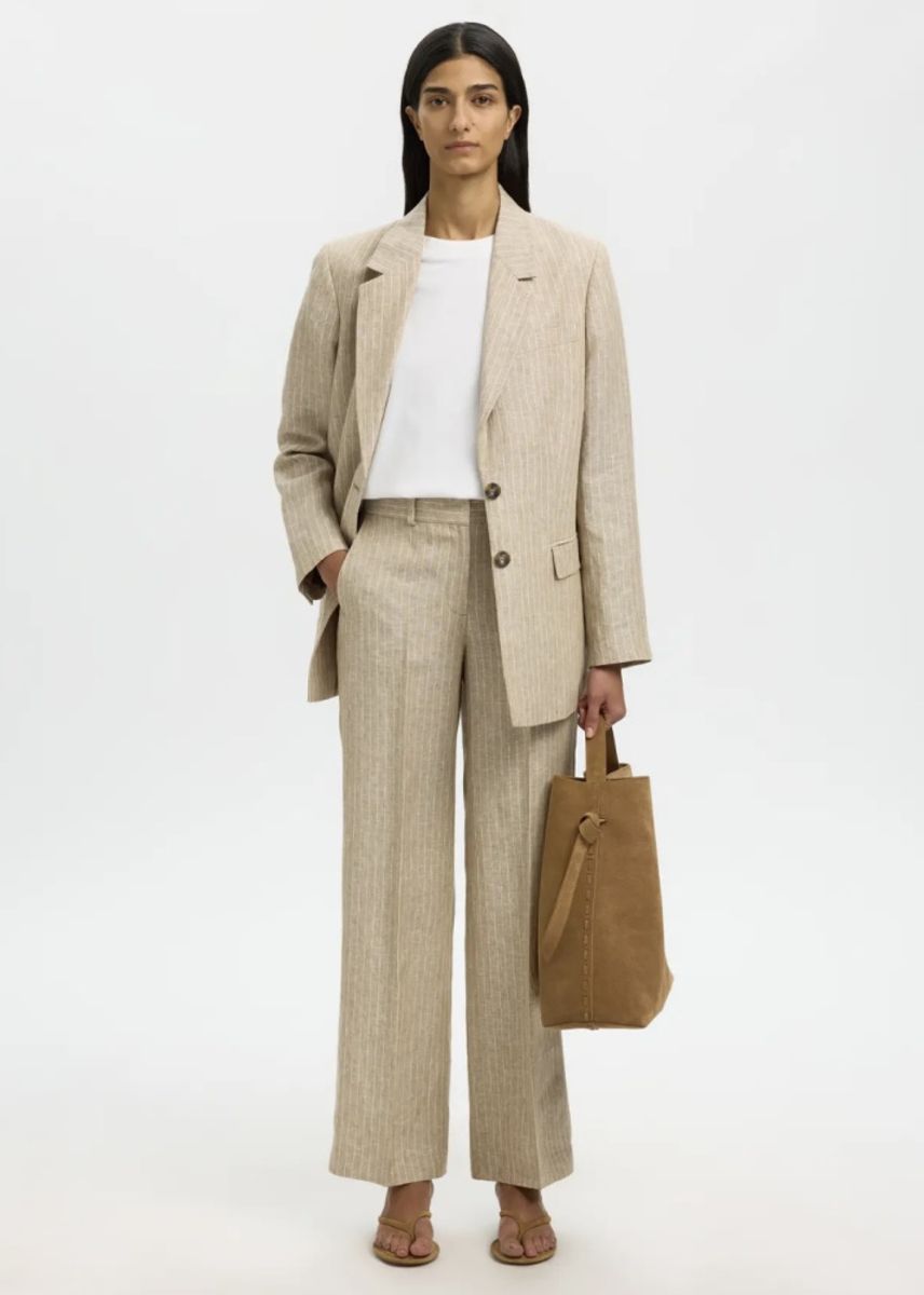 Selected Femme  Wide Ida Linen Pant Weathered Teak Pinstripe