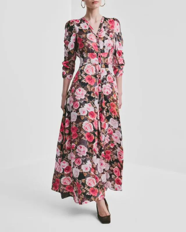 byTiMo Satin Button Down Dress Midnight Roses