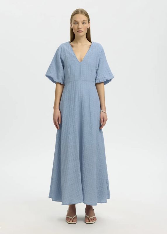 Selected Femme Maddie Closed Back Midi Dress Dusty Blue 