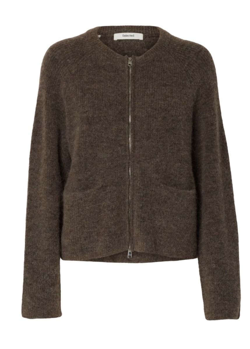 Selected Femme Sia Ras Knit Short Cardigan Chocolate Chip