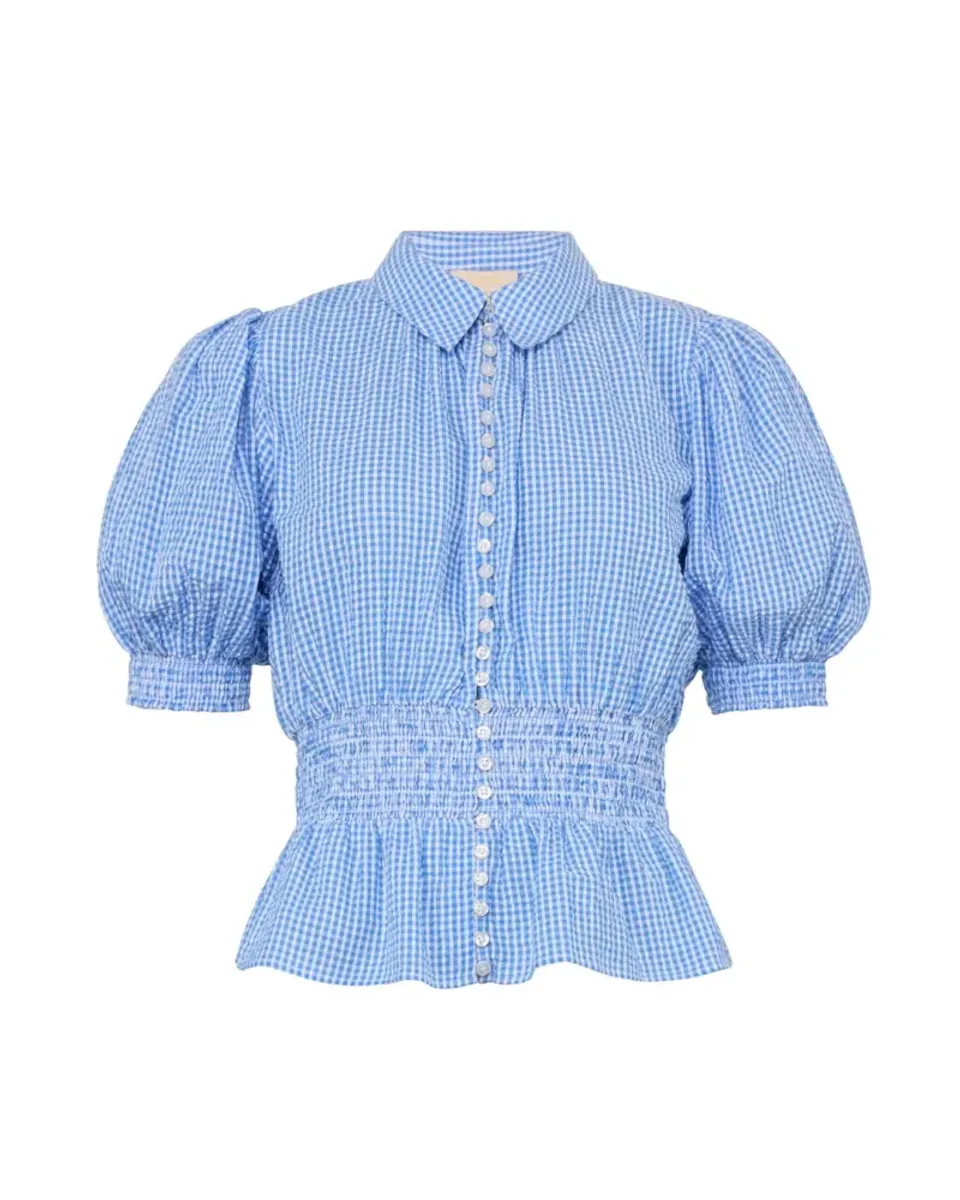 by TiMo Seersucker Smocking Blouse Blue Checks 